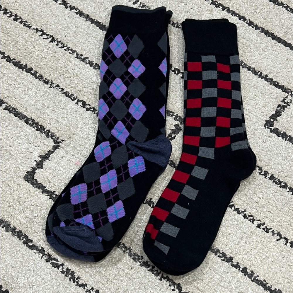 Men's Black Argyle & Check Crew Socks - Purple and Red Accents